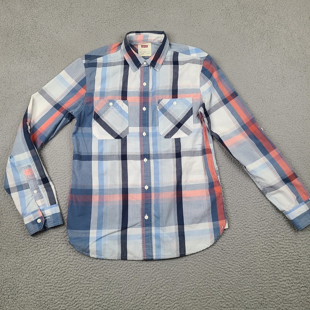 Levi's Shirt Mens Small Blue White Plaid Roll Tab Sleeve Button Down